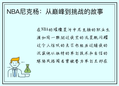 NBA尼克杨：从巅峰到挑战的故事